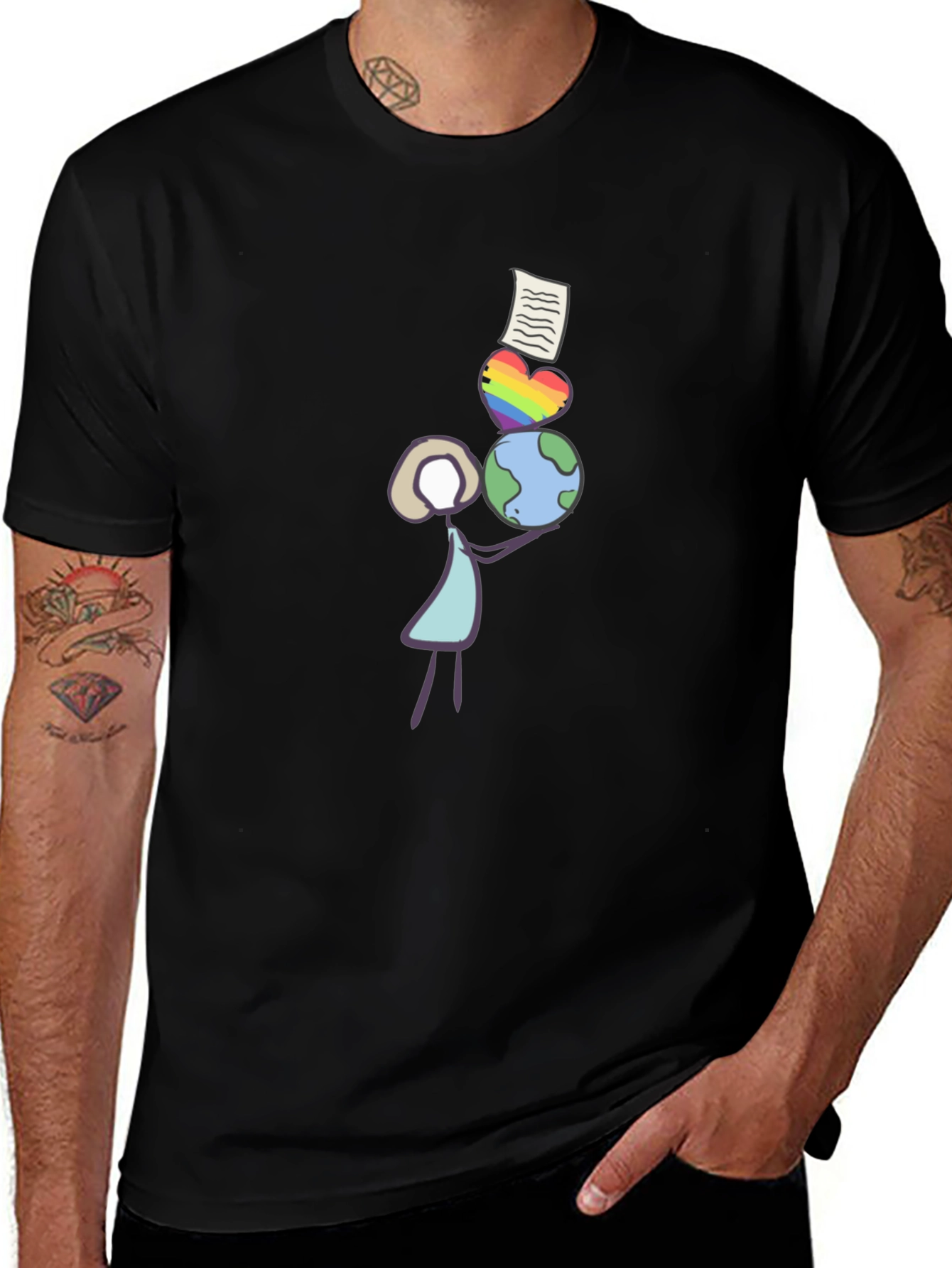 Stick Figure Balancing Globe Heart and Paper T-Shirt