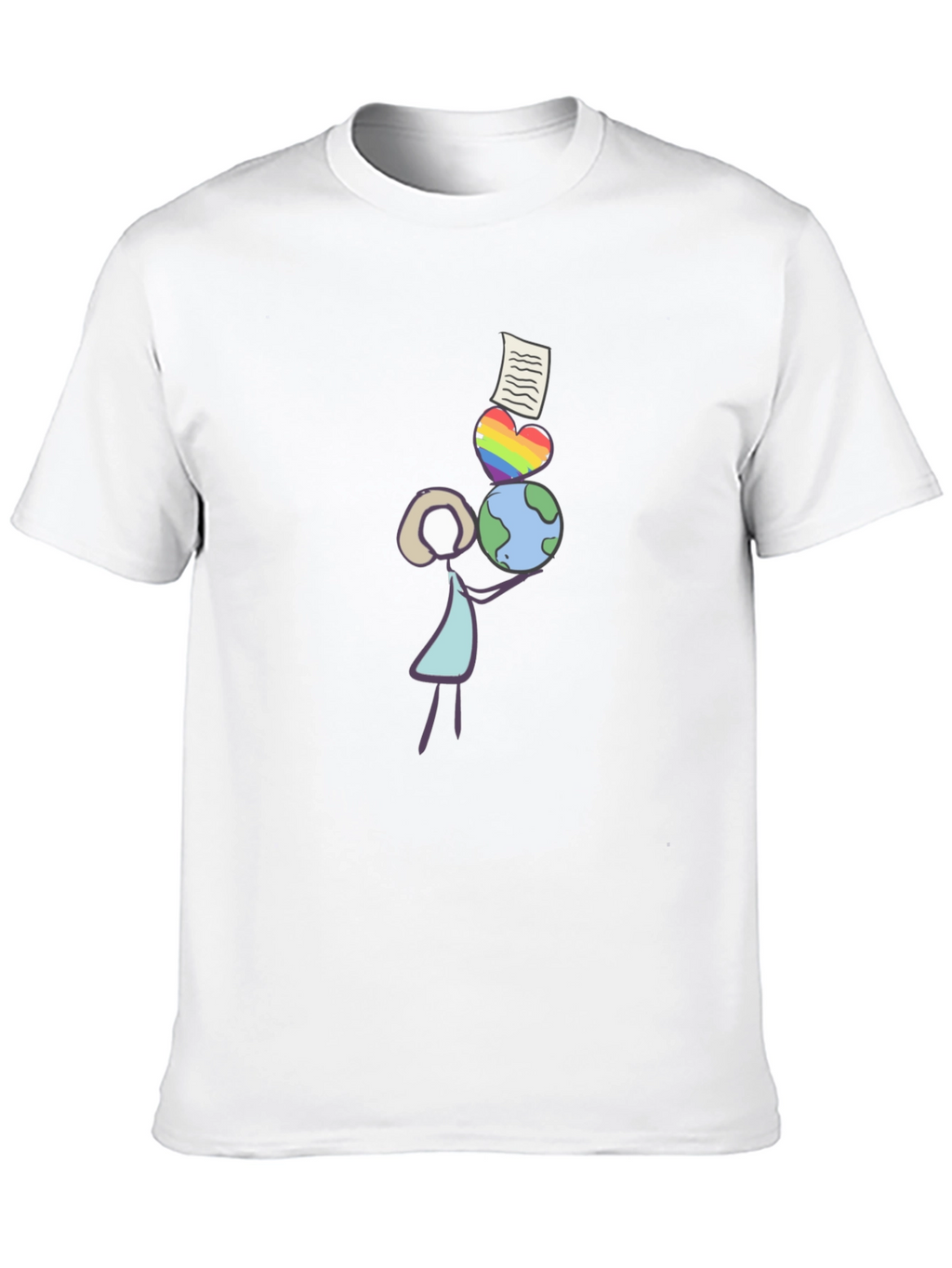 Stick Figure Balancing Globe Heart and Paper T-Shirt