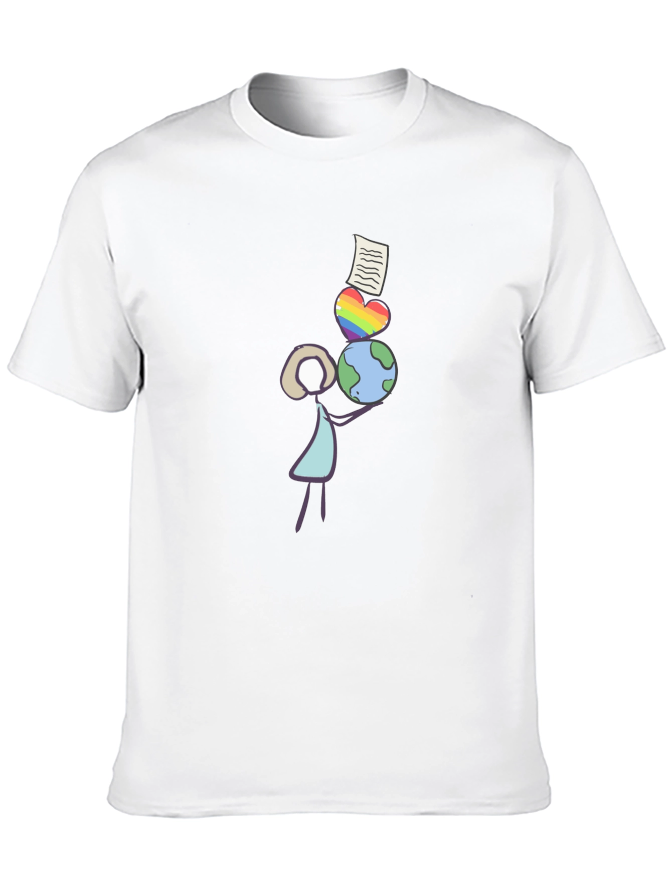 Stick Figure Balancing Globe Heart and Paper T-Shirt