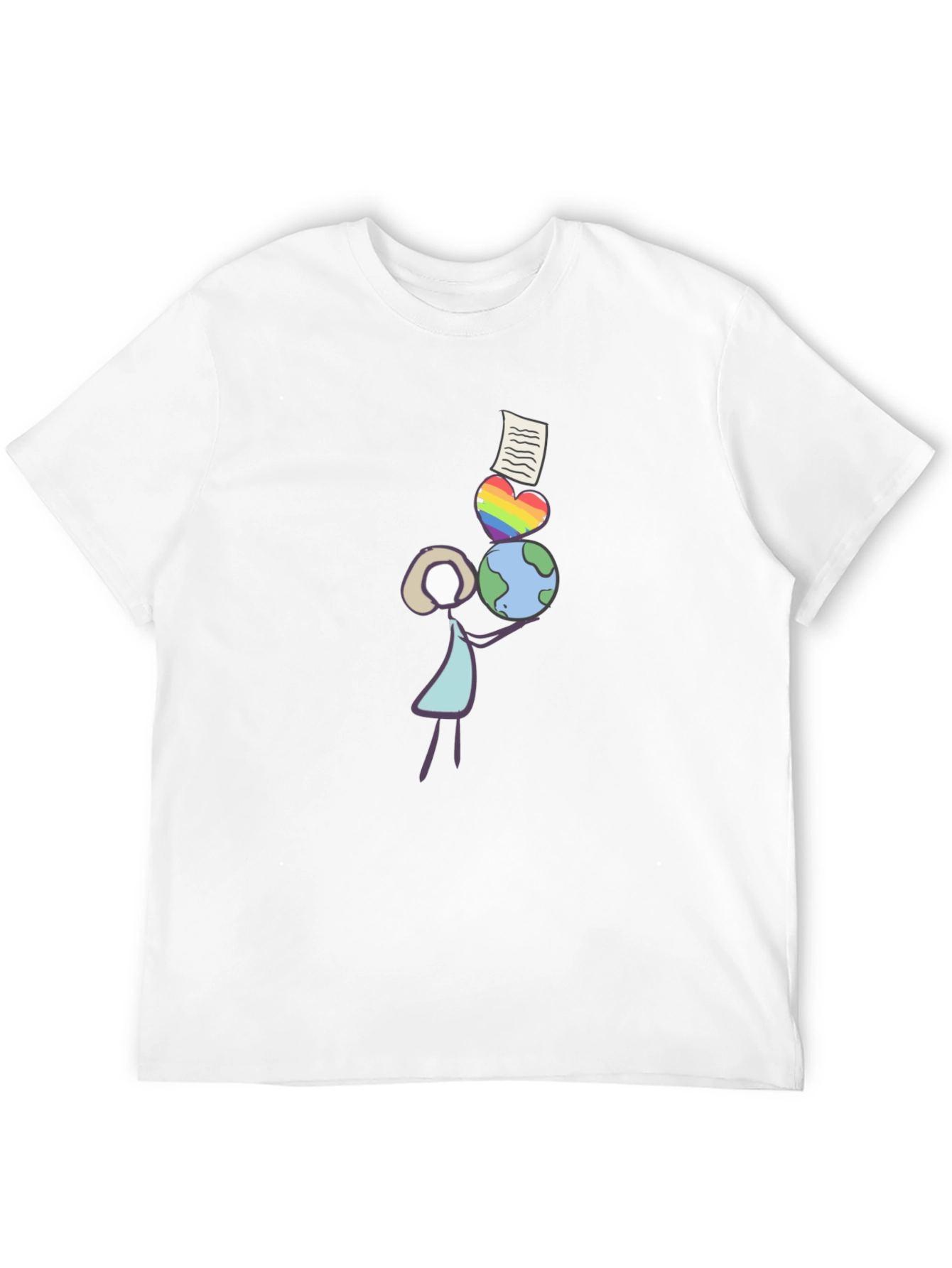 Stick Figure Balancing Globe Heart and Paper T-Shirt