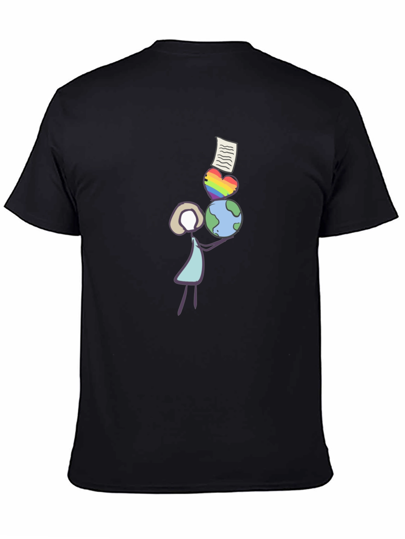 Stick Figure Balancing Globe Heart and Paper T-Shirt