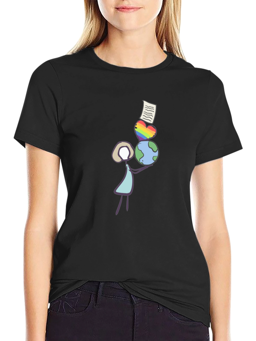 Stick Figure Balancing Globe Heart and Paper T-Shirt