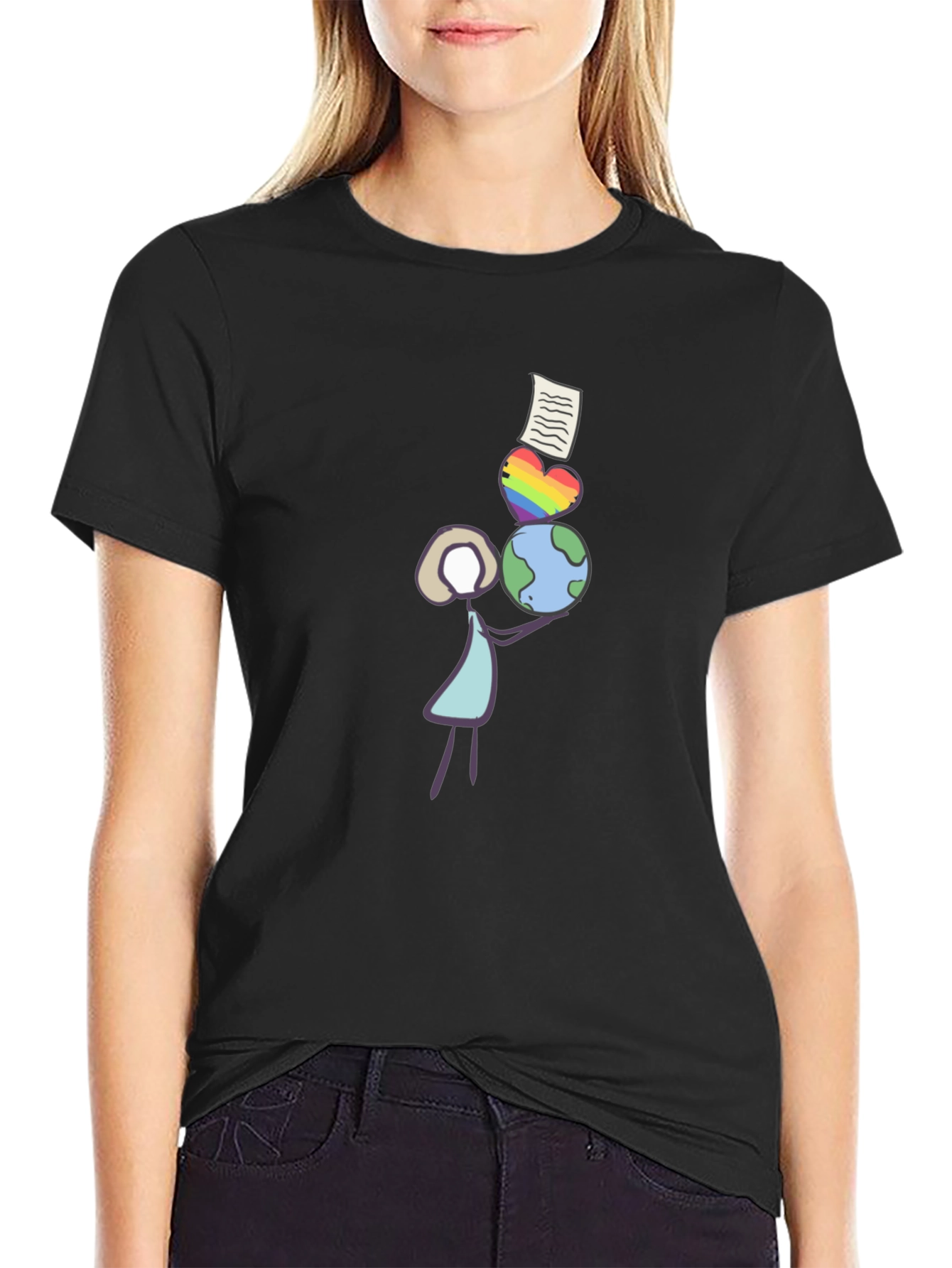 Stick Figure Balancing Globe Heart and Paper T-Shirt