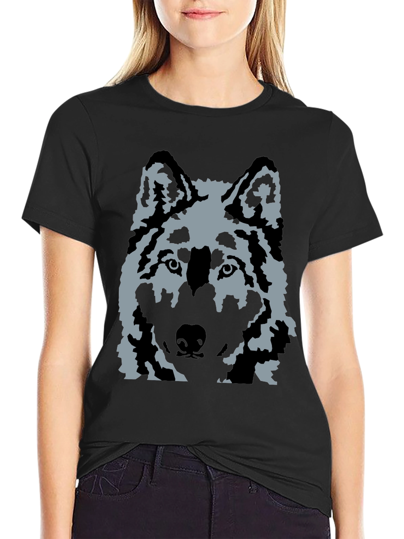 Wolf Graphic Print T-Shirt - Casual Black Tee