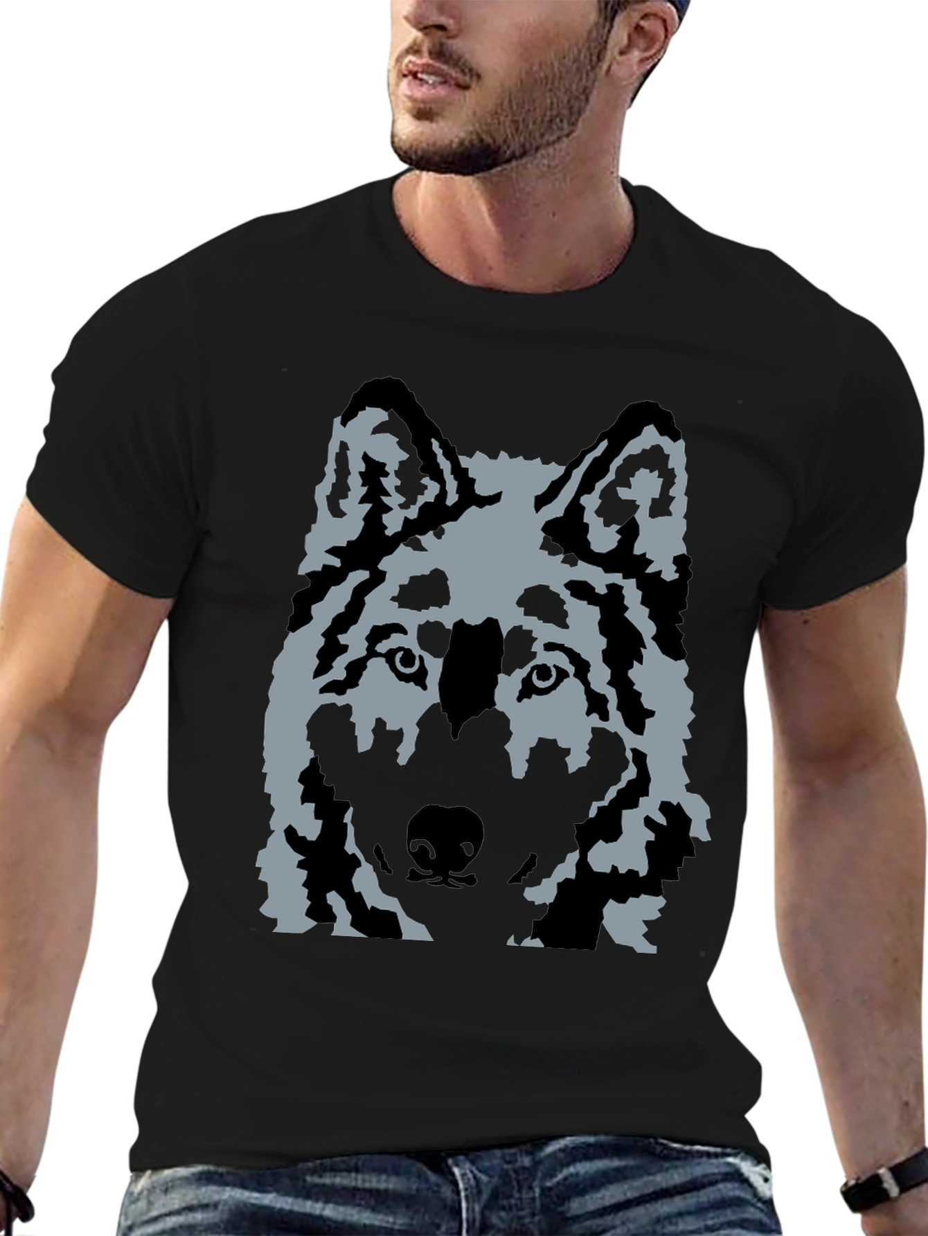Wolf Graphic Print T-Shirt - Casual Black Tee