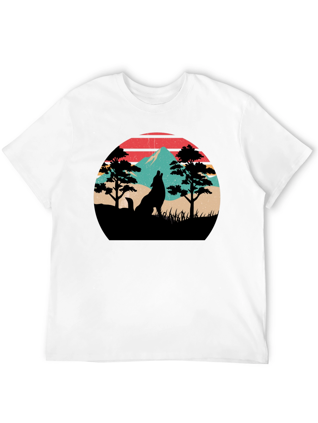 Retro Wolf Mountain Graphic T-Shirt - Black