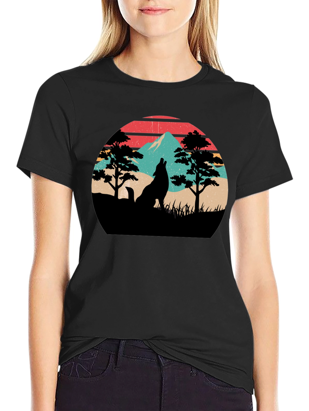 Retro Wolf Mountain Graphic T-Shirt - Black