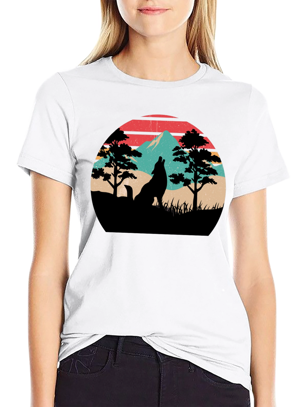 Retro Wolf Mountain Graphic T-Shirt - Black