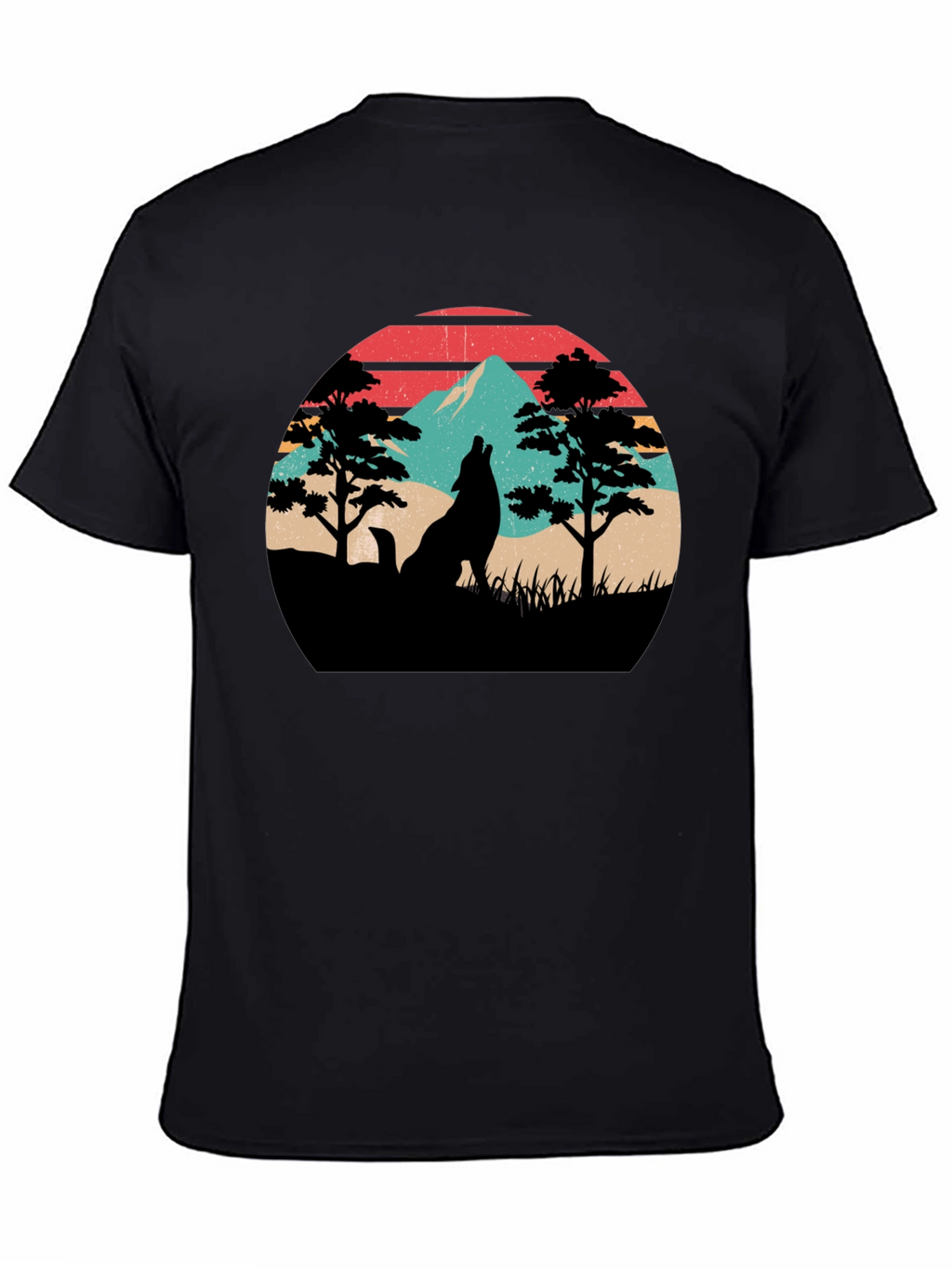Retro Wolf Mountain Graphic T-Shirt - Black
