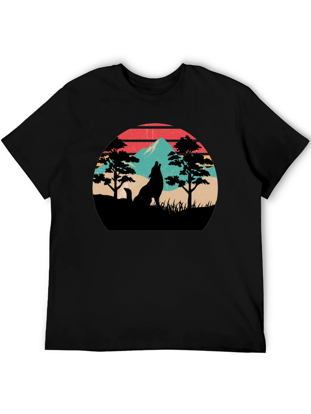 Retro Wolf Mountain Graphic T-Shirt - Black