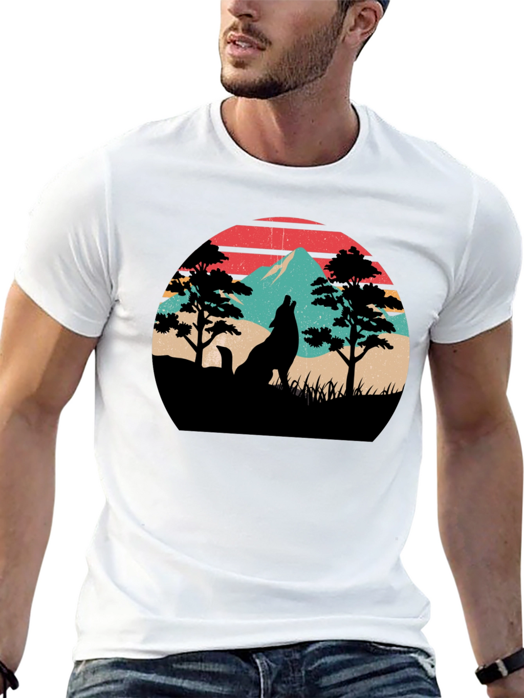Retro Wolf Mountain Graphic T-Shirt - Black