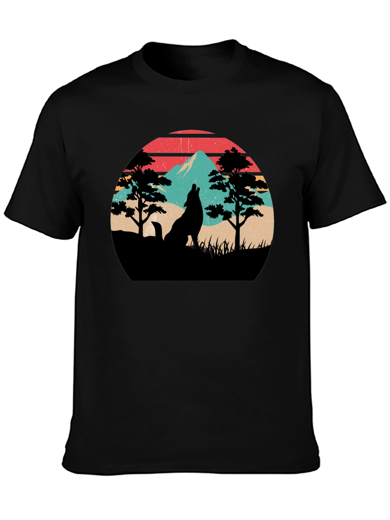 Retro Wolf Mountain Graphic T-Shirt - Black