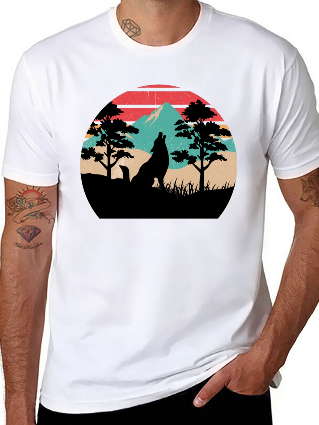 Retro Wolf Mountain Graphic T-Shirt - Black