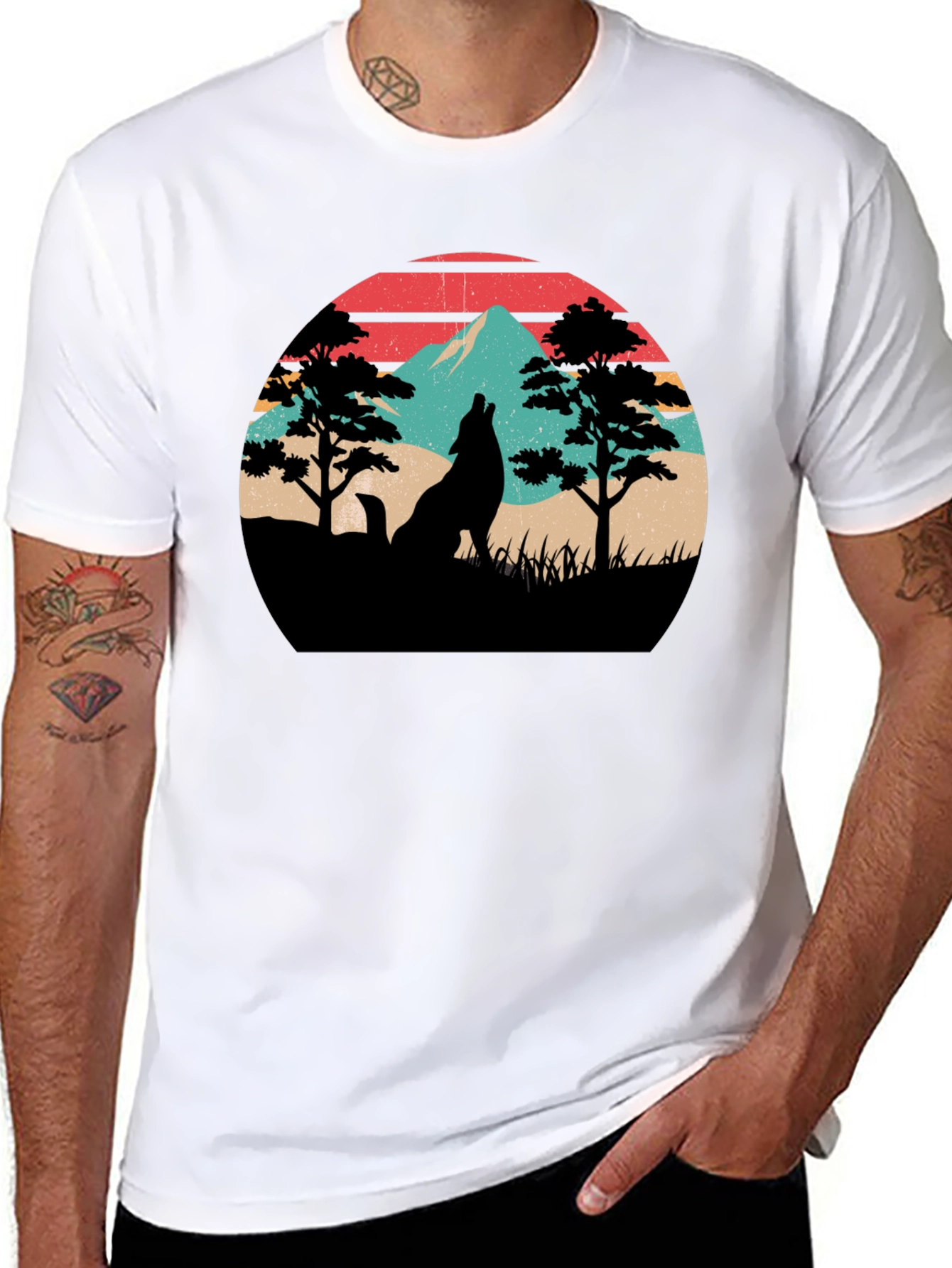 Retro Wolf Mountain Graphic T-Shirt - Black