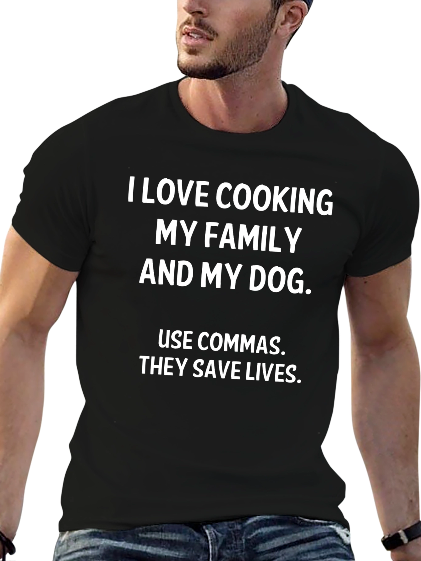 Funny Grammar T-Shirt - I Love Cooking My Family and My Dog