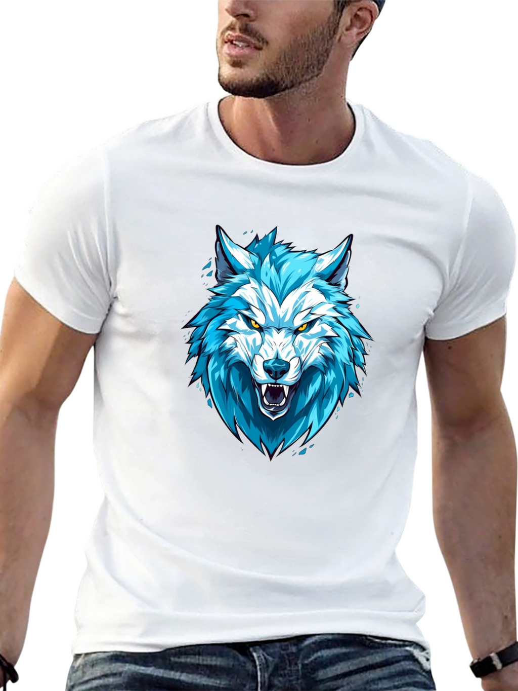 Blue Wolf Graphic Print Black T-Shirt