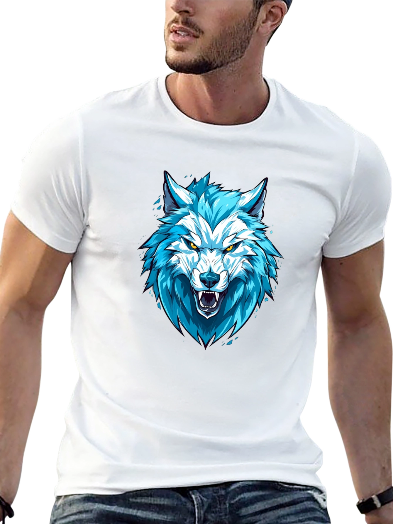 Blue Wolf Graphic Print Black T-Shirt