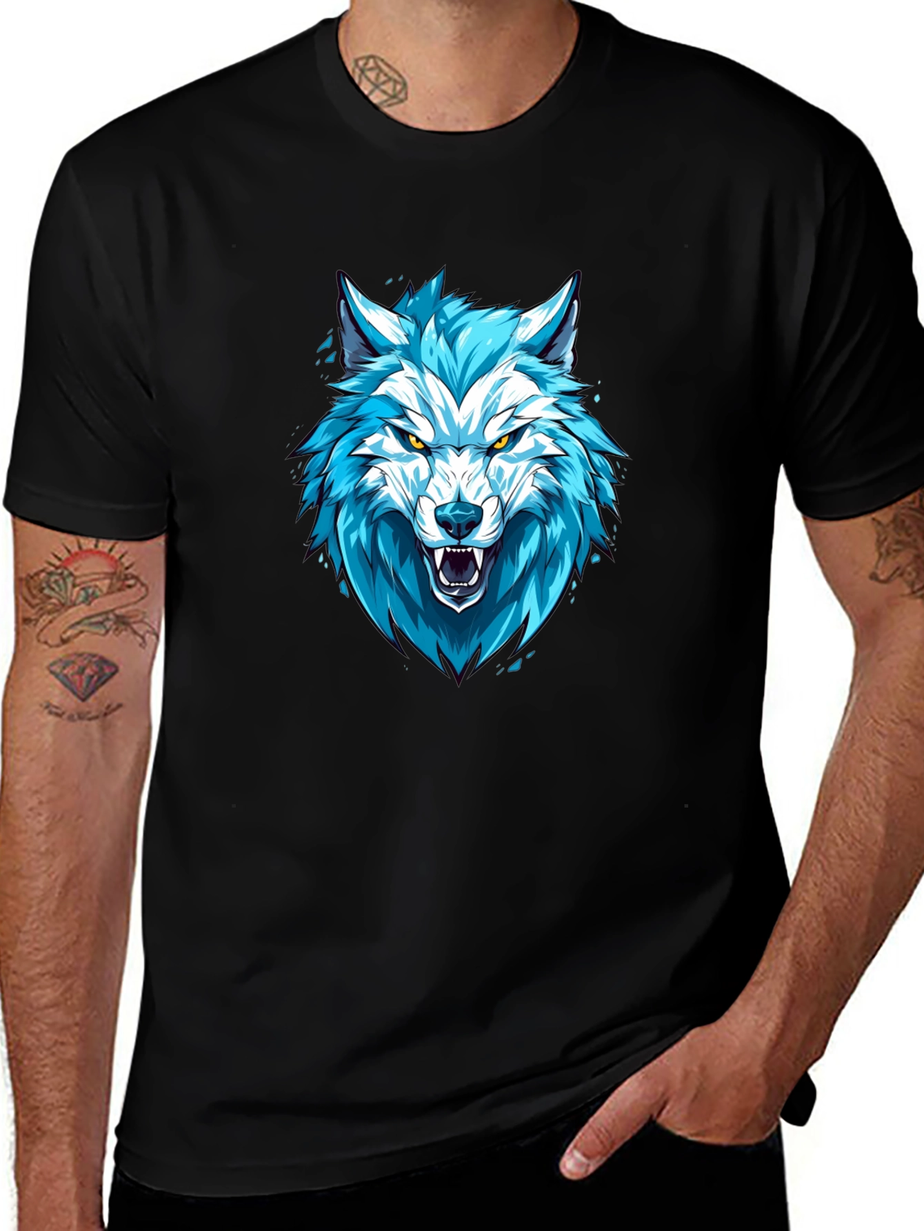 Blue Wolf Graphic Print Black T-Shirt