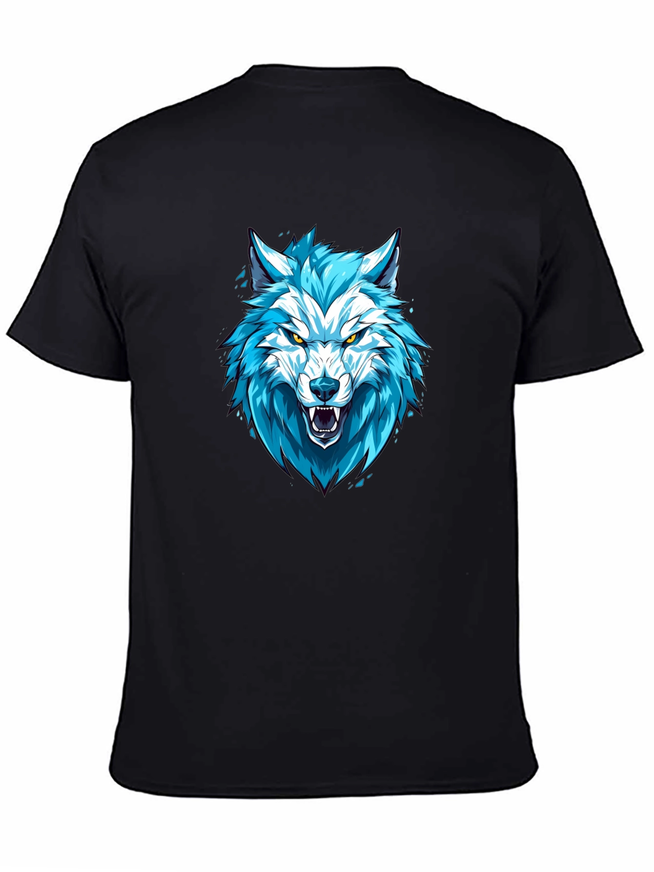 Blue Wolf Graphic Print Black T-Shirt