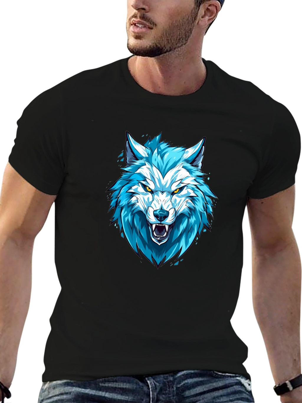 Blue Wolf Graphic Print Black T-Shirt