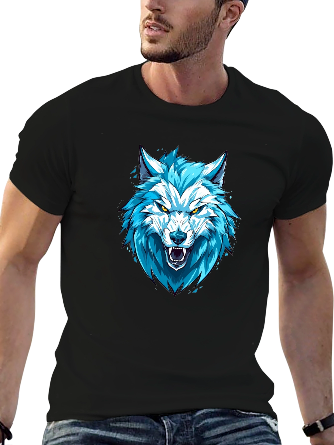 Blue Wolf Graphic Print Black T-Shirt