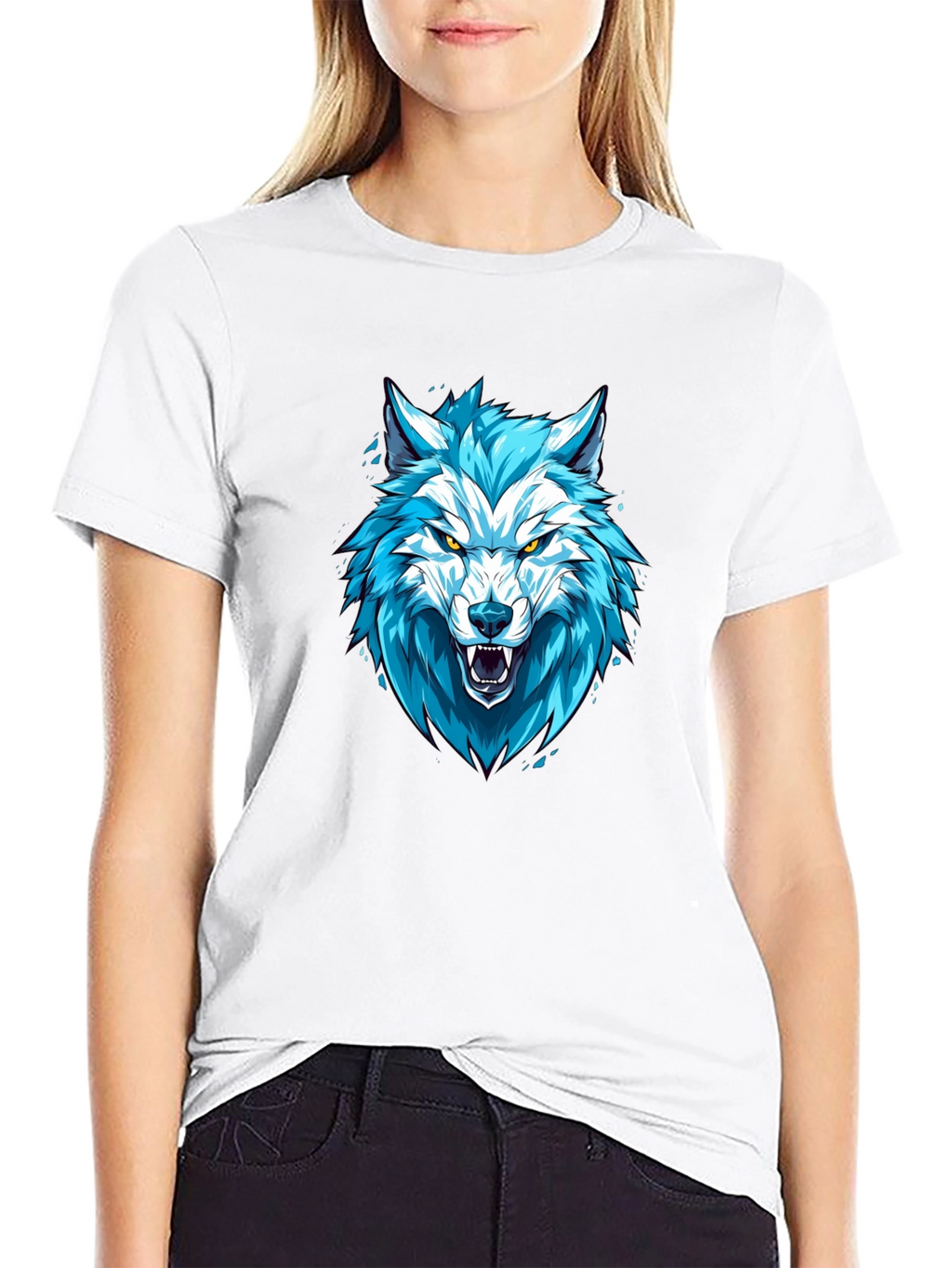 Blue Wolf Graphic Print Black T-Shirt