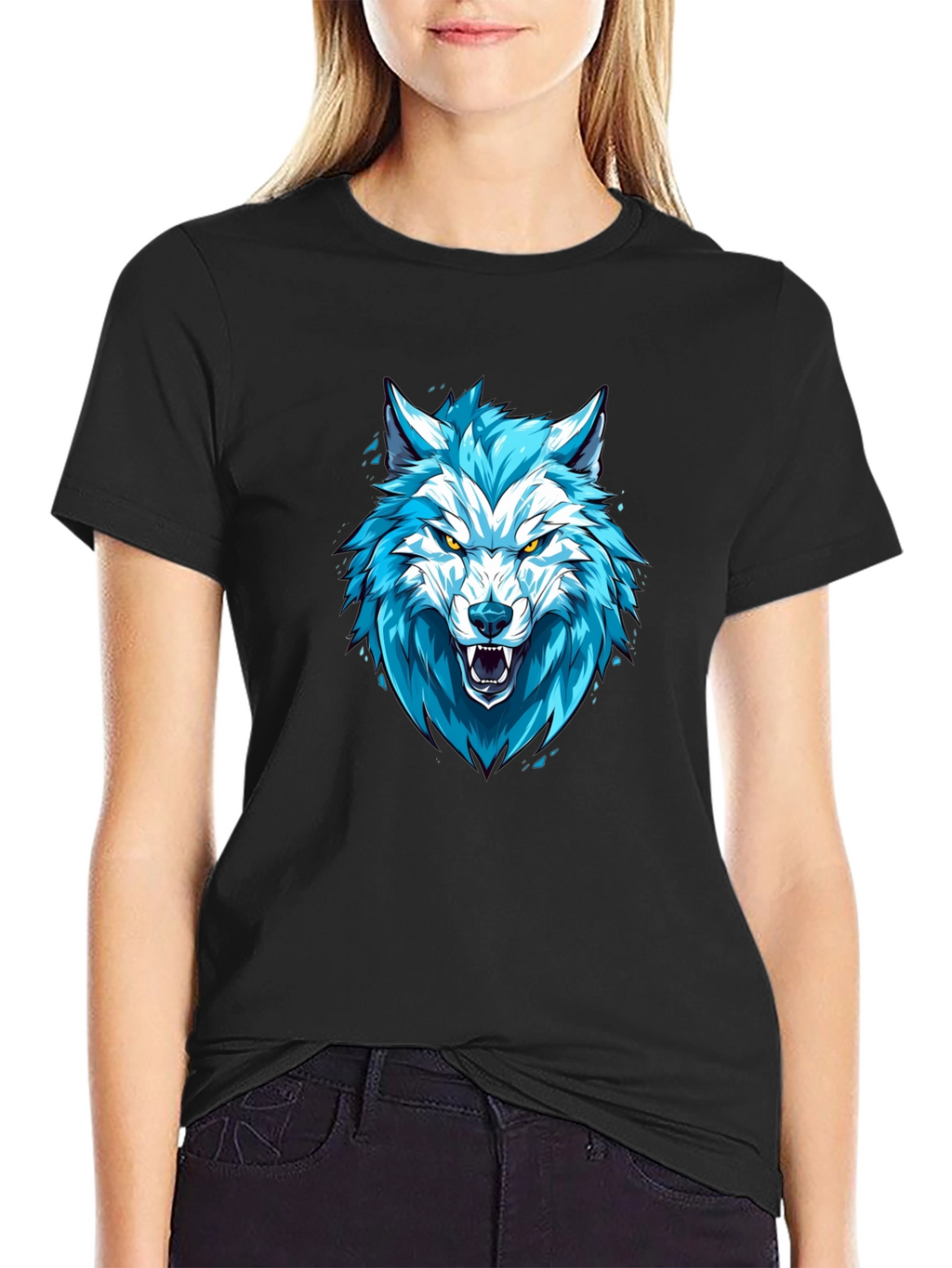 Blue Wolf Graphic Print Black T-Shirt