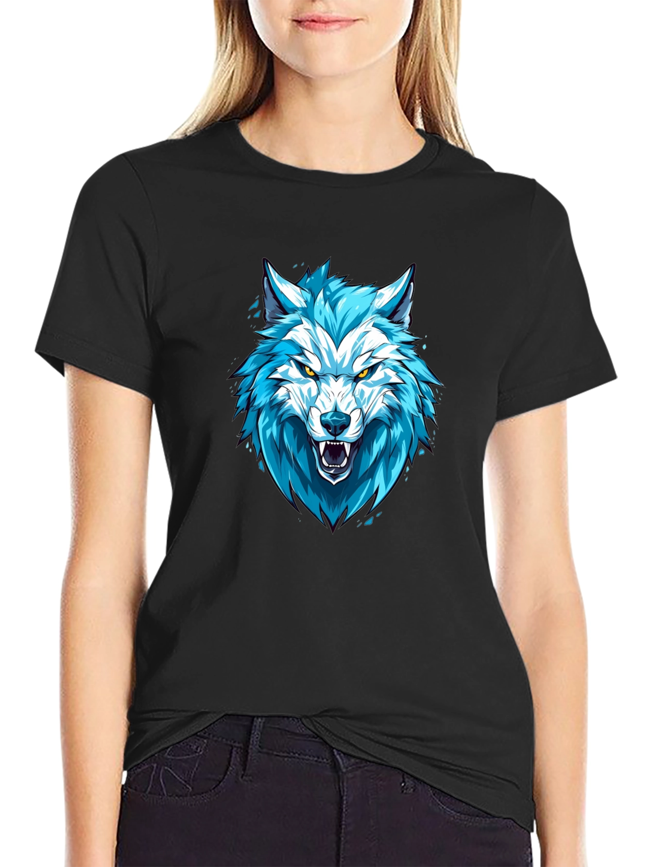 Blue Wolf Graphic Print Black T-Shirt