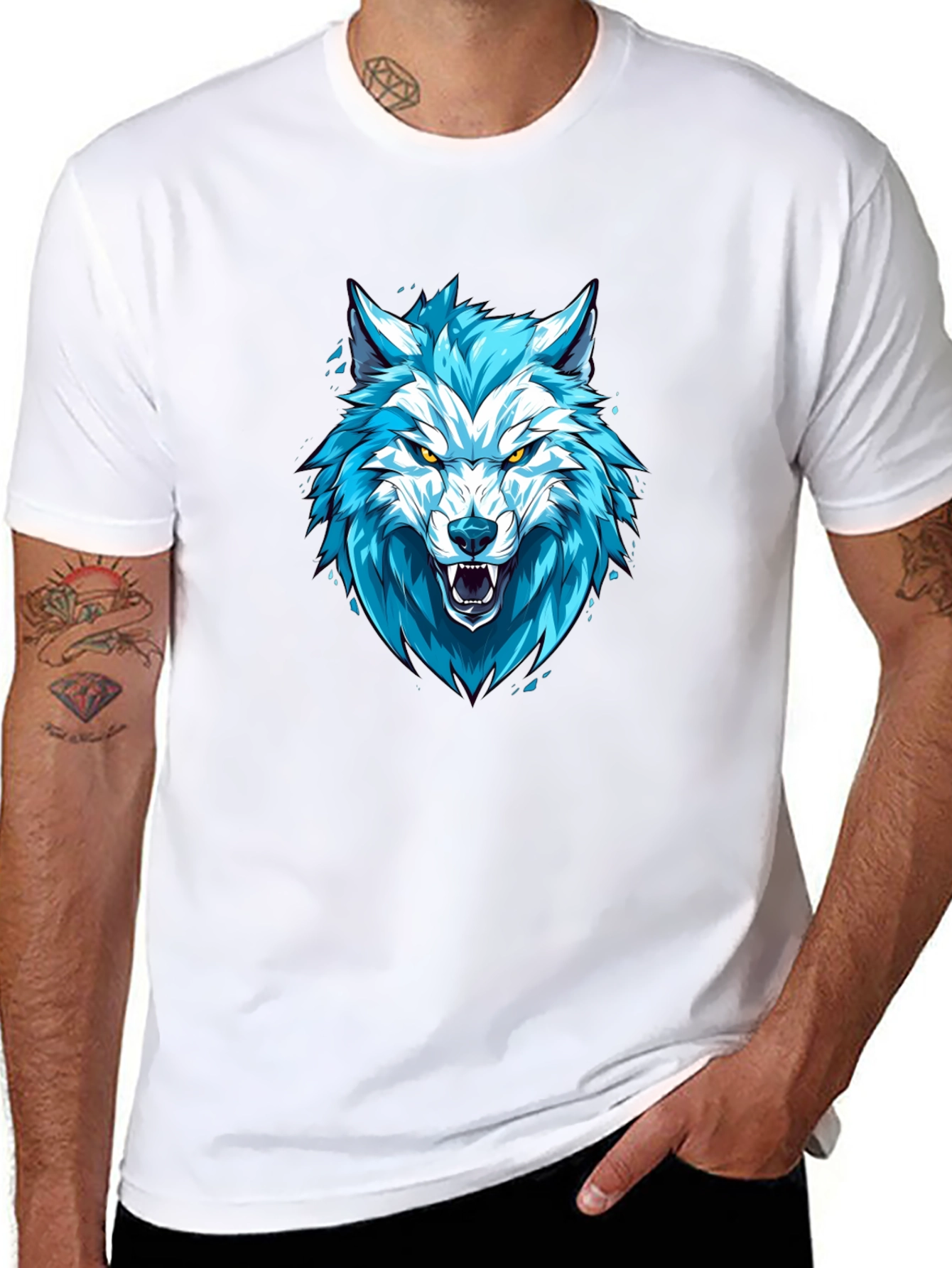 Blue Wolf Graphic Print Black T-Shirt