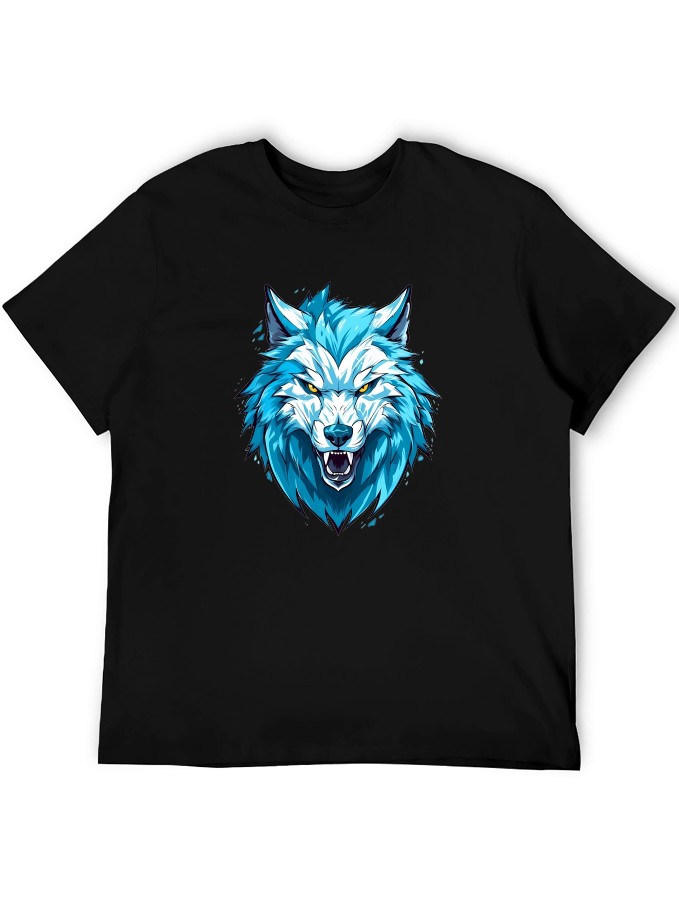 Blue Wolf Graphic Print Black T-Shirt