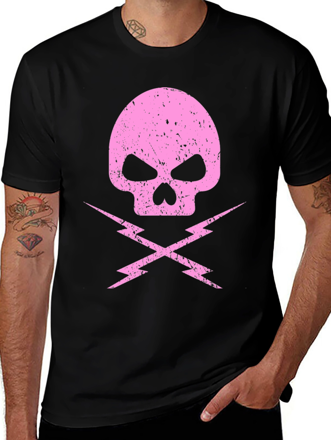 Pink Skull & Lightning Bolt Graphic Black T-Shirt