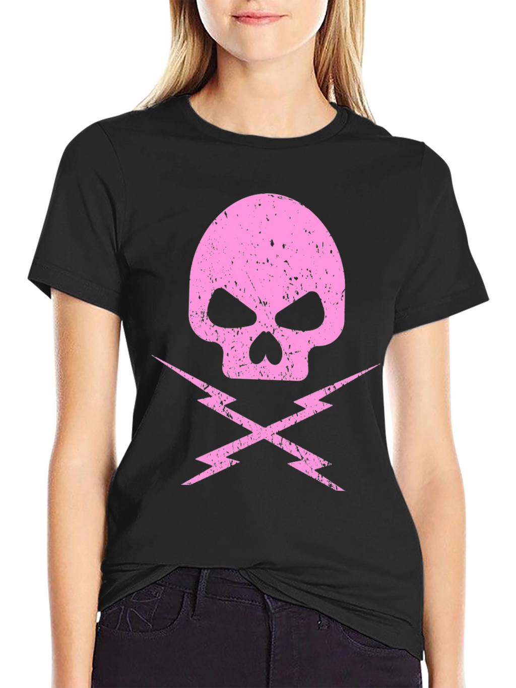Pink Skull & Lightning Bolt Graphic Black T-Shirt