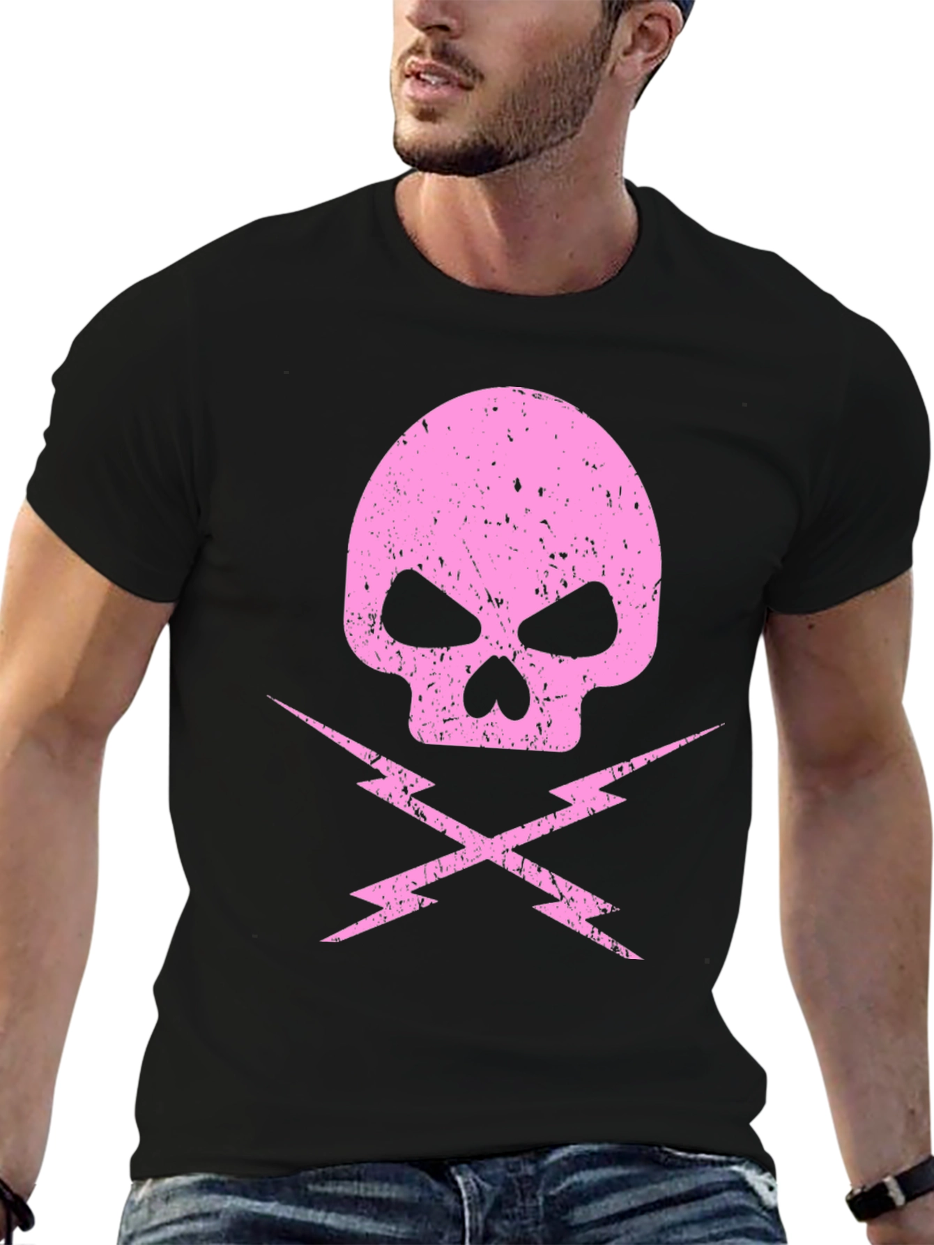 Pink Skull & Lightning Bolt Graphic Black T-Shirt