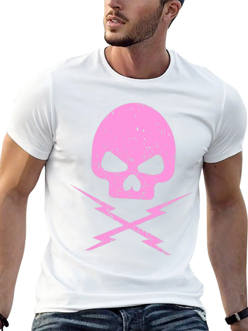 Pink Skull & Lightning Bolt Graphic Black T-Shirt
