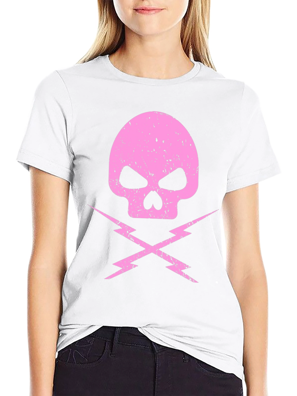 Pink Skull & Lightning Bolt Graphic Black T-Shirt