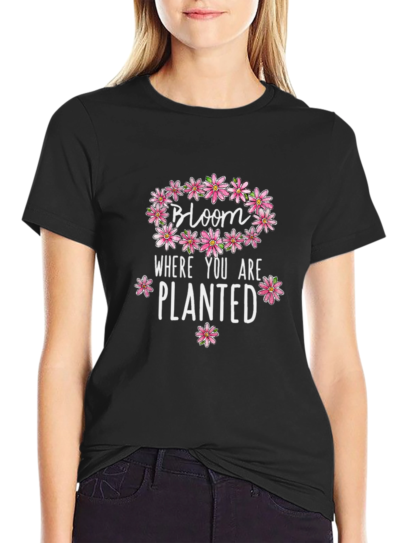 Bloom Where You Are Planted Black Graphic Tee