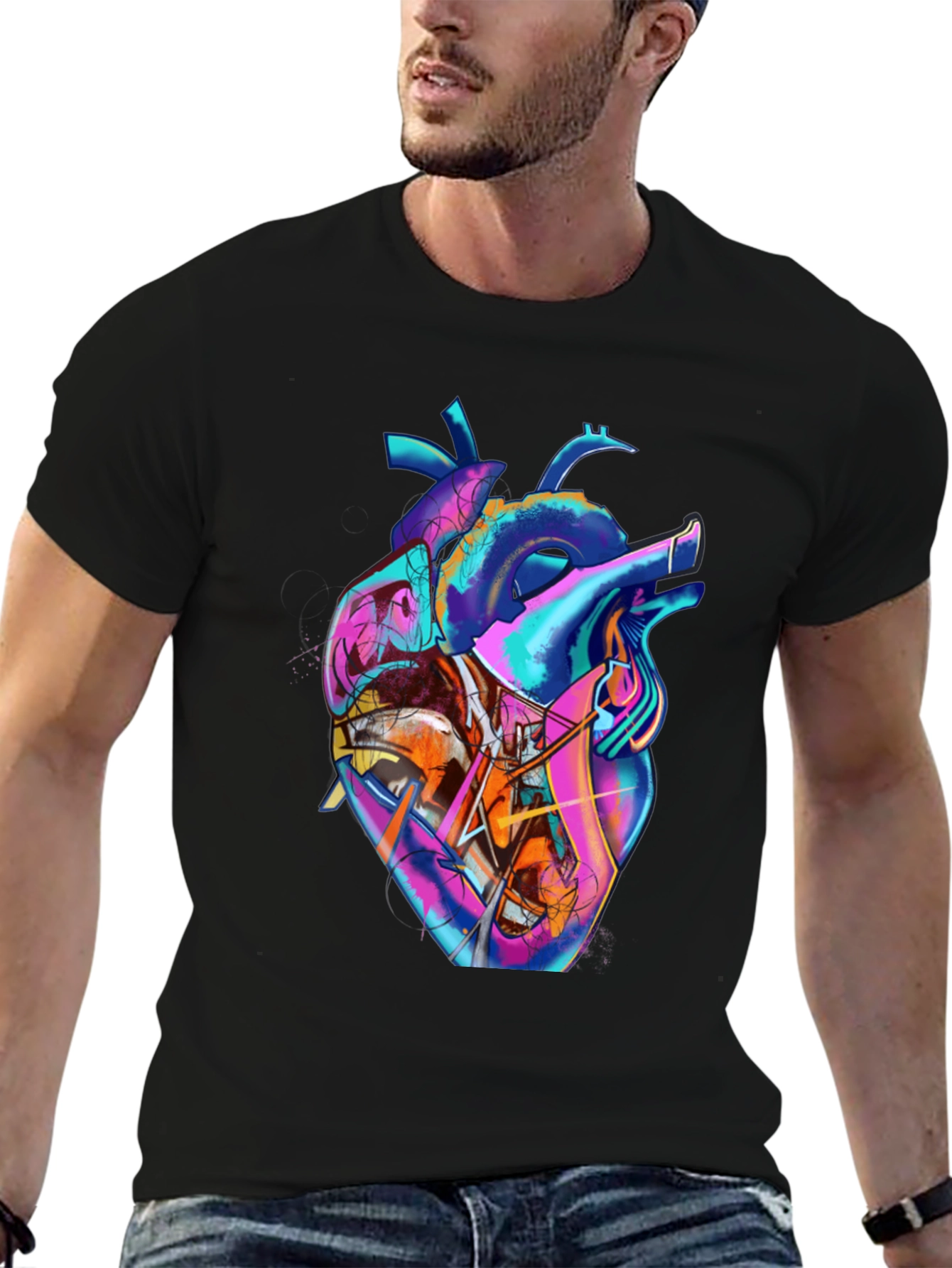 Abstract Heart Graphic Tee - Stylish Mens Black T-Shirt