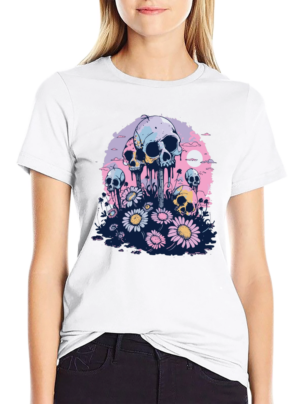 Skull & Daisy Graphic Tee - Unique Pastel Design