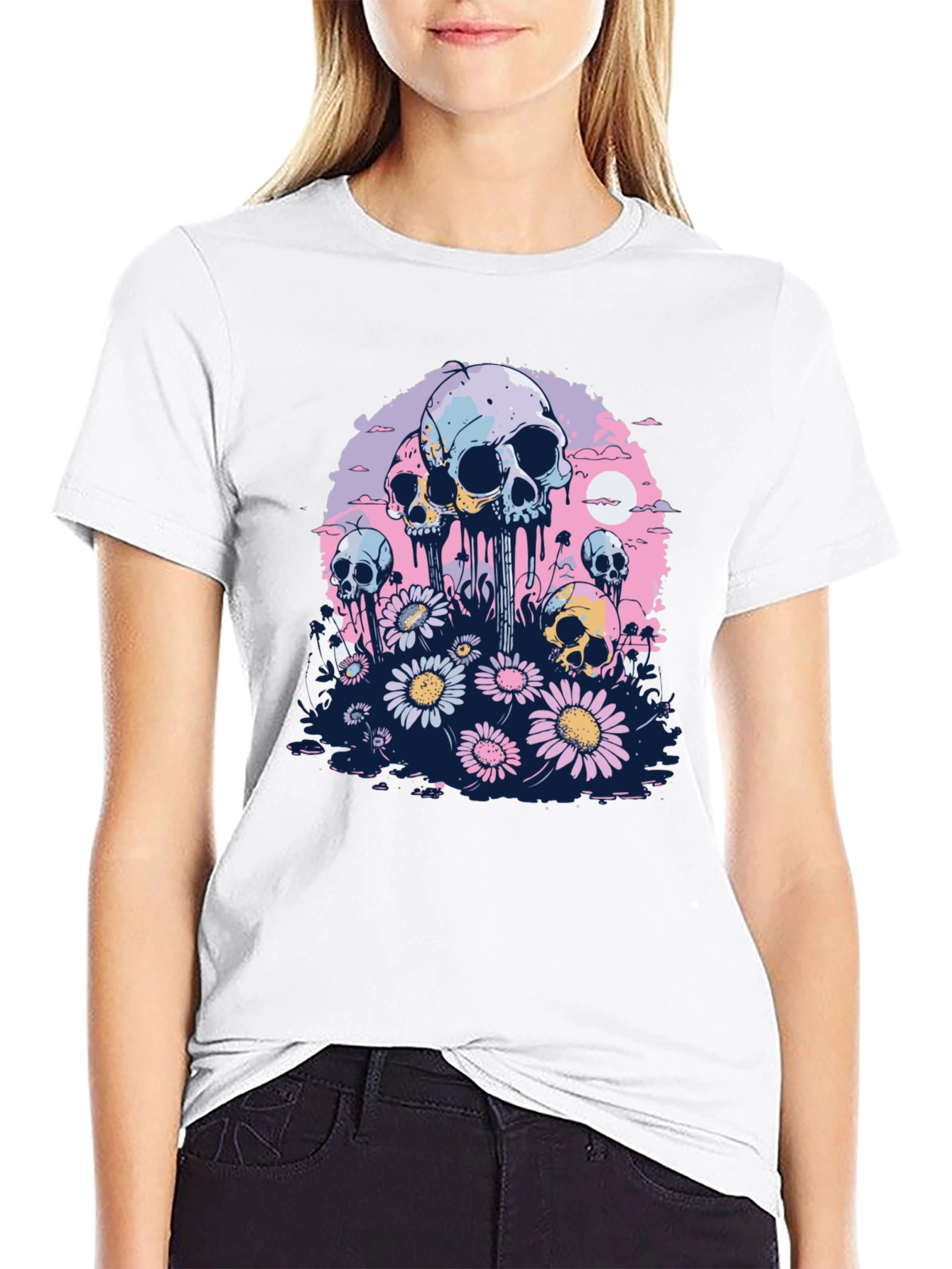 Skull & Daisy Graphic Tee - Unique Pastel Design
