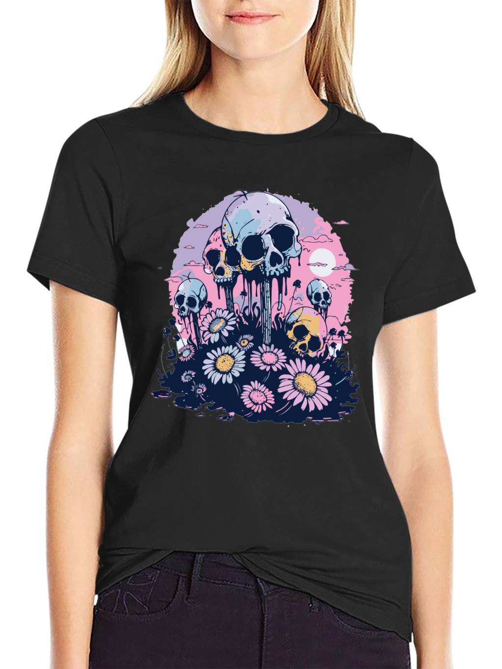 Skull & Daisy Graphic Tee - Unique Pastel Design