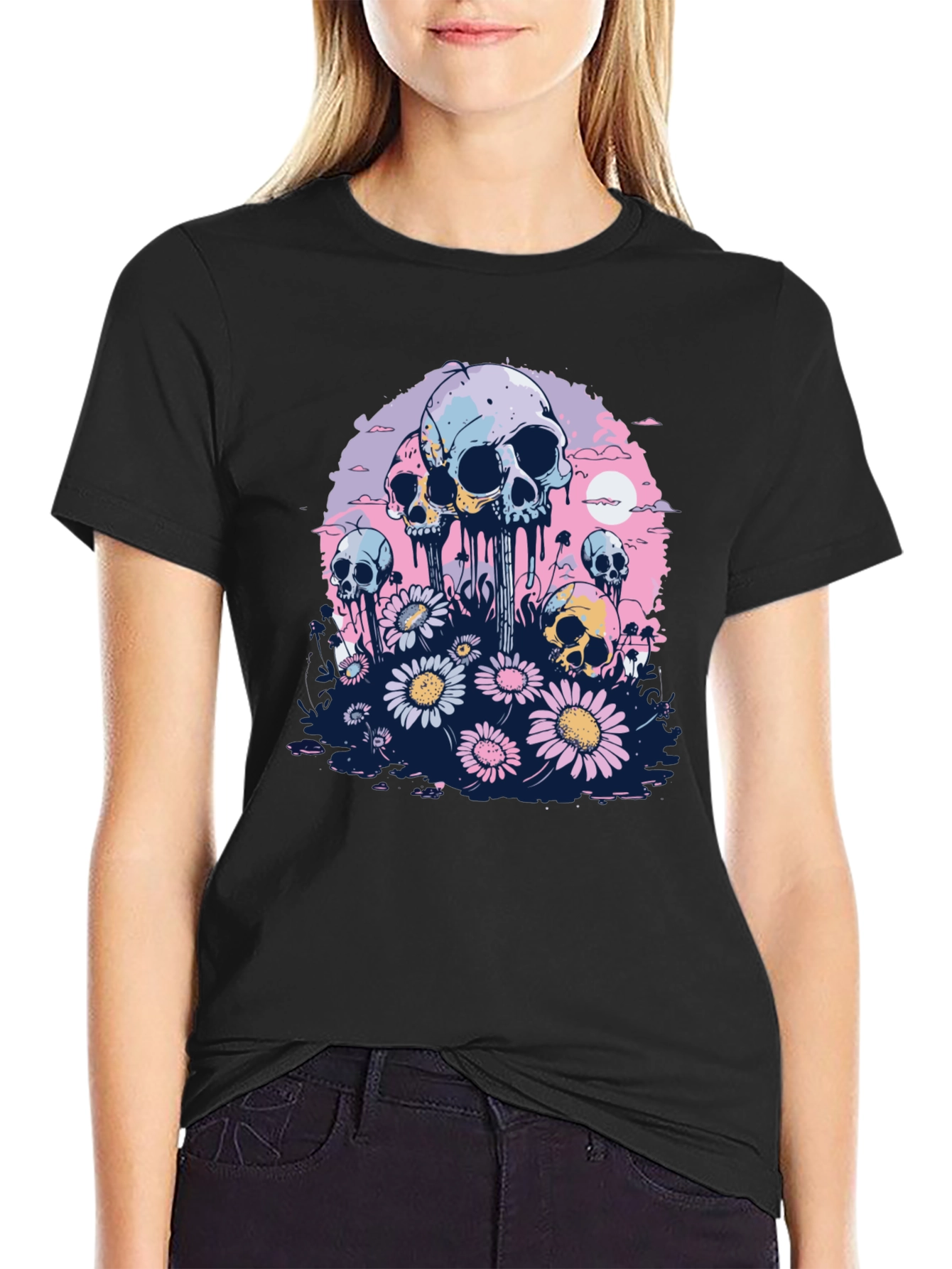 Skull & Daisy Graphic Tee - Unique Pastel Design