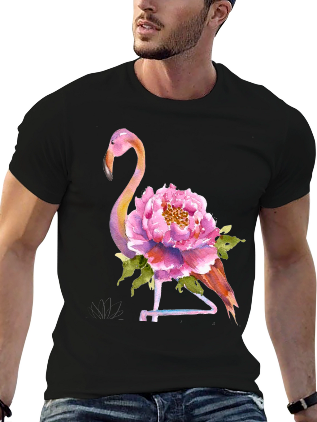 Mens Flamingo Floral Graphic Tee - Black