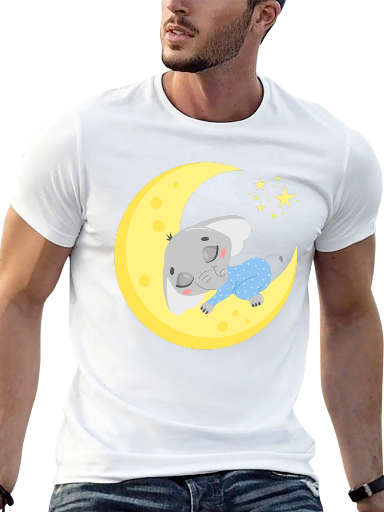 Cute Elephant On Moon Graphic Tee