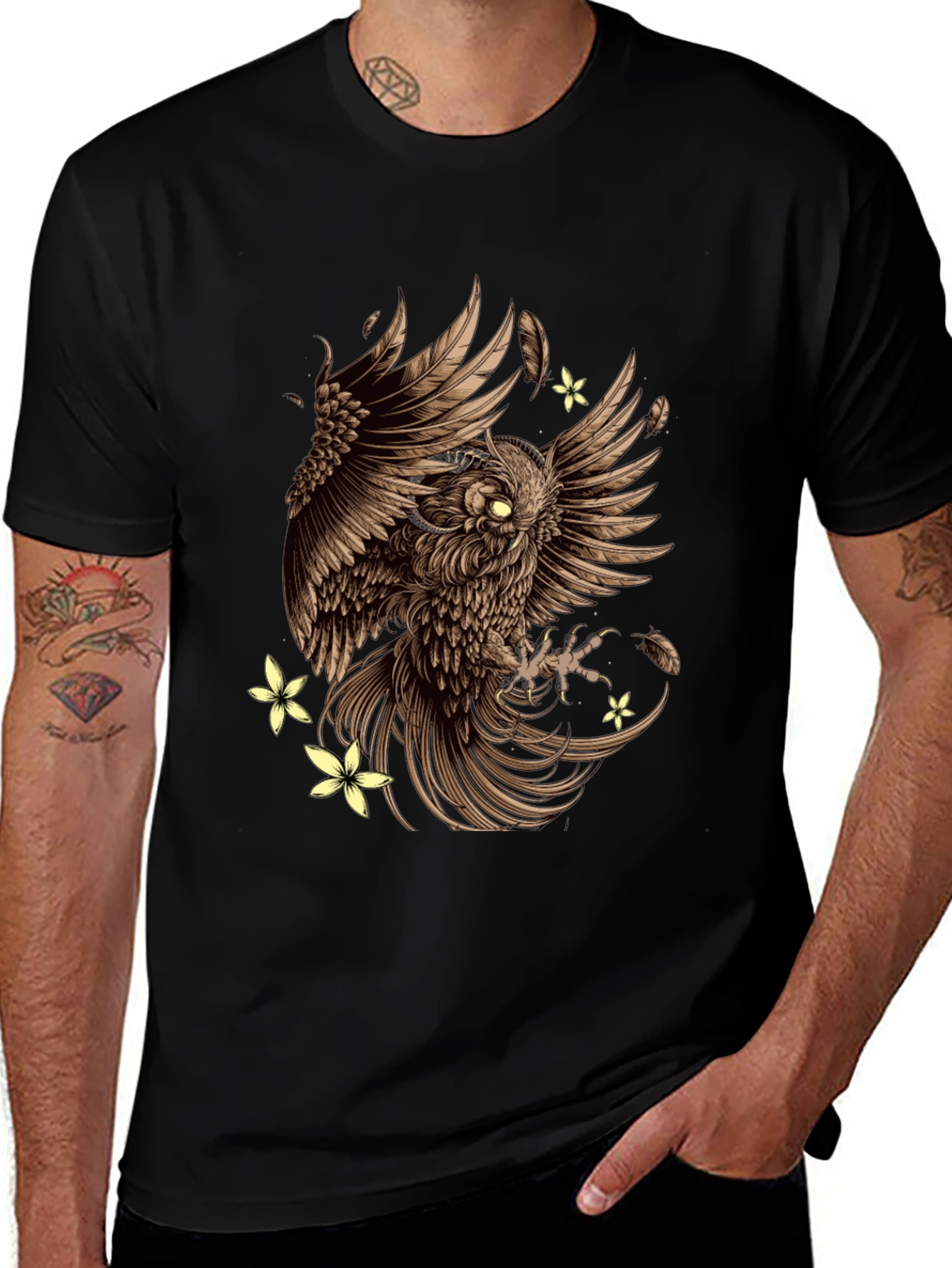 Owl & Flowers Graphic Tee - Mens Black T-Shirt