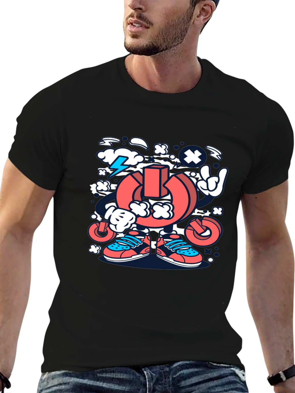 Cartoon Power Button Black T-Shirt