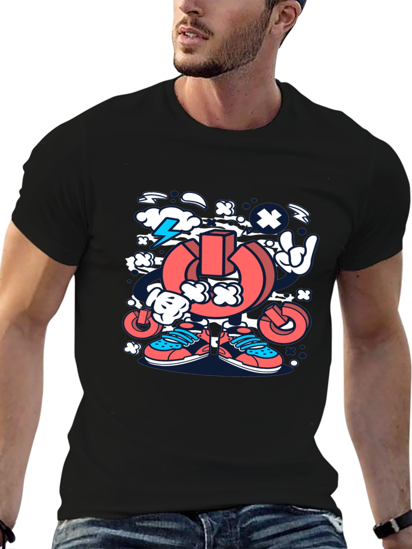 Cartoon Power Button Black T-Shirt