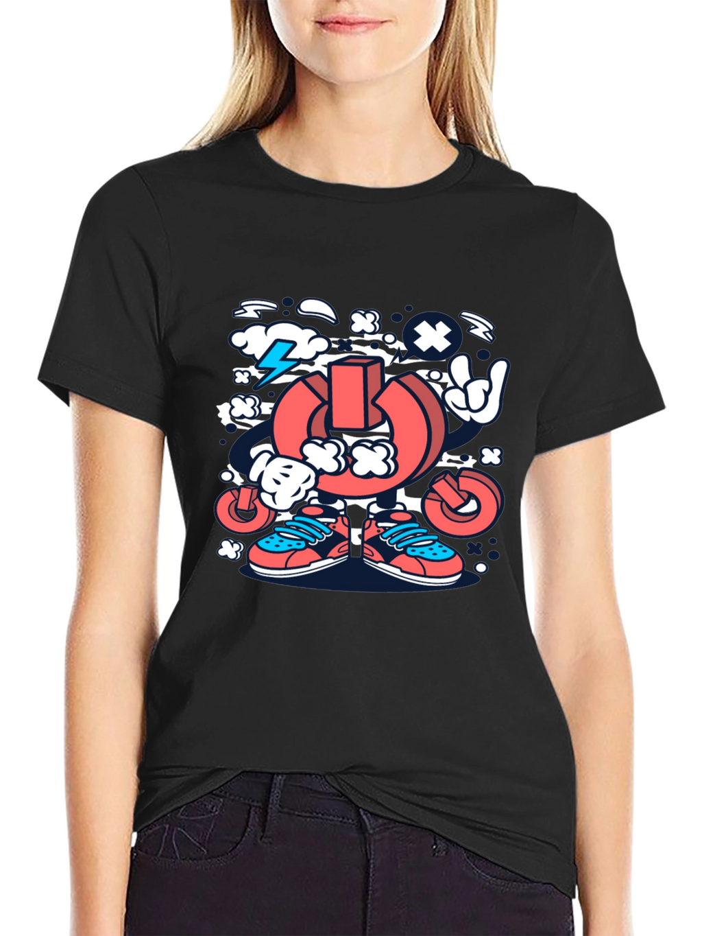 Cartoon Power Button Black T-Shirt