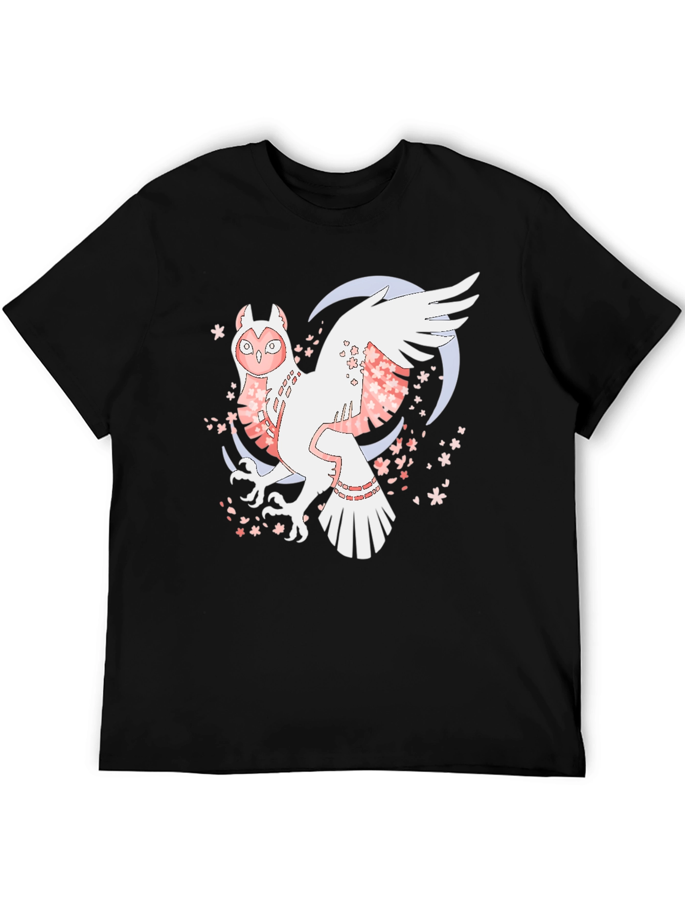 Owl and Cherry Blossom Graphic Tee - Black Cotton Blend