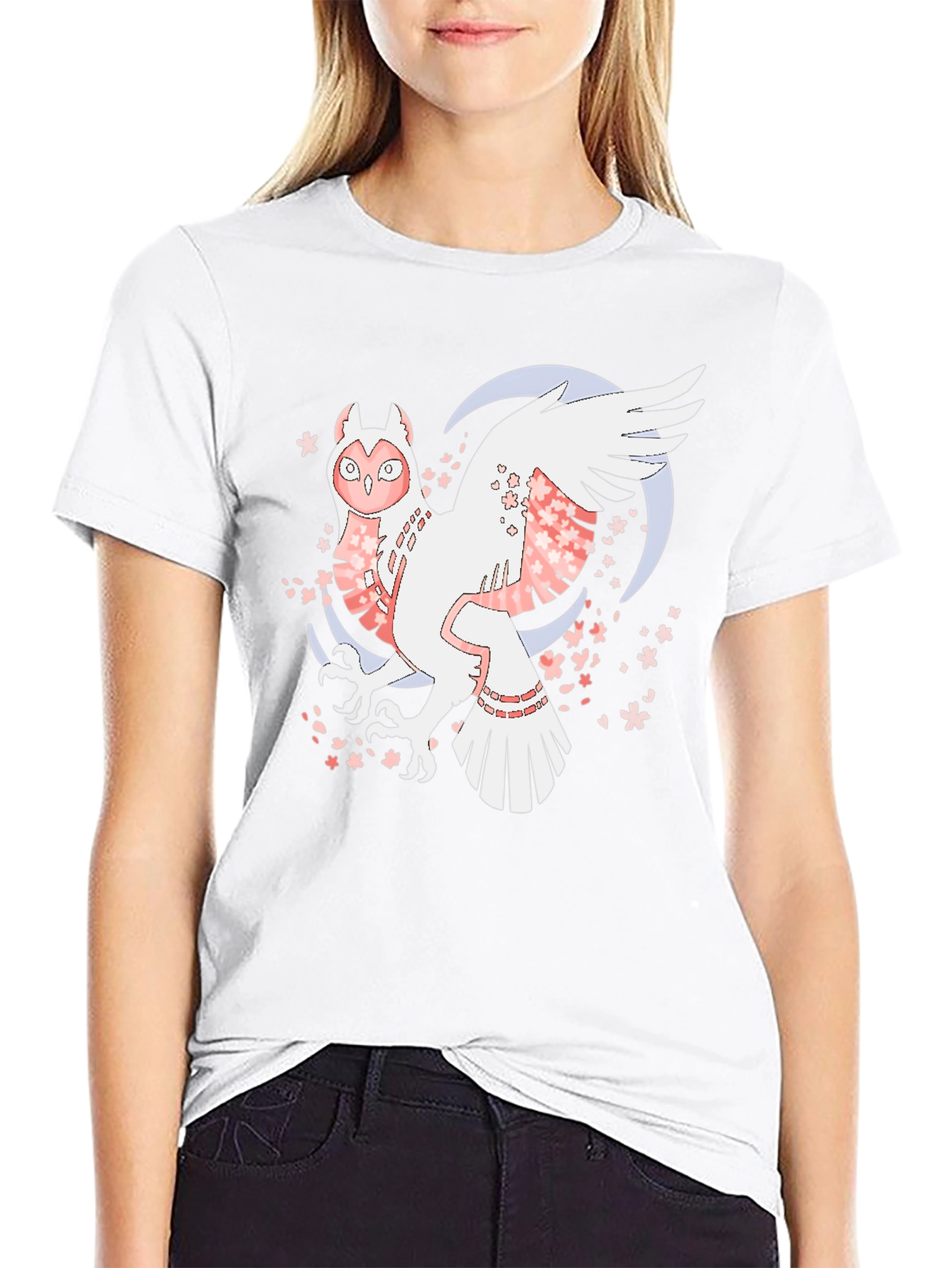 Owl and Cherry Blossom Graphic Tee - Black Cotton Blend