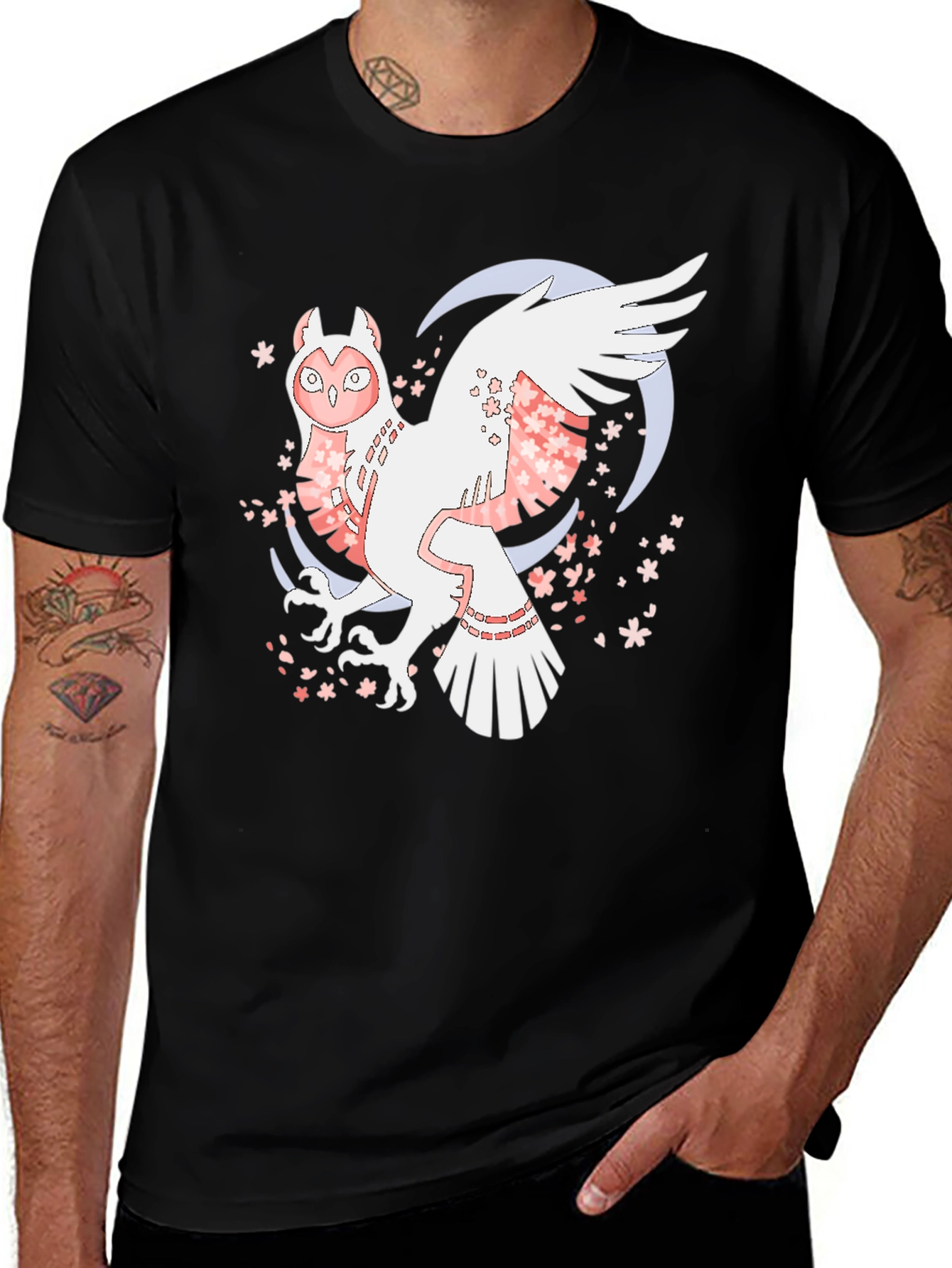 Owl and Cherry Blossom Graphic Tee - Black Cotton Blend